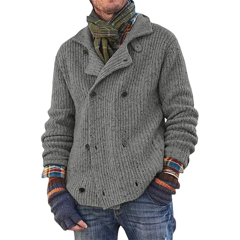 Men Sweater Coat Spring Solid Color Cardigan Straight Knit Coat Male Casual Long Sleeve Double Breasted Turn-down Collar Sweater