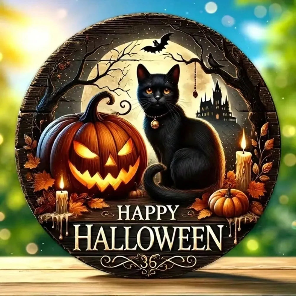 1pc "Happy Halloween" Vintage Wreath Sign - Black Cat Pumpkin Indoor/Outdoor Decor for Fall Porch Wall, Halloween Home Art