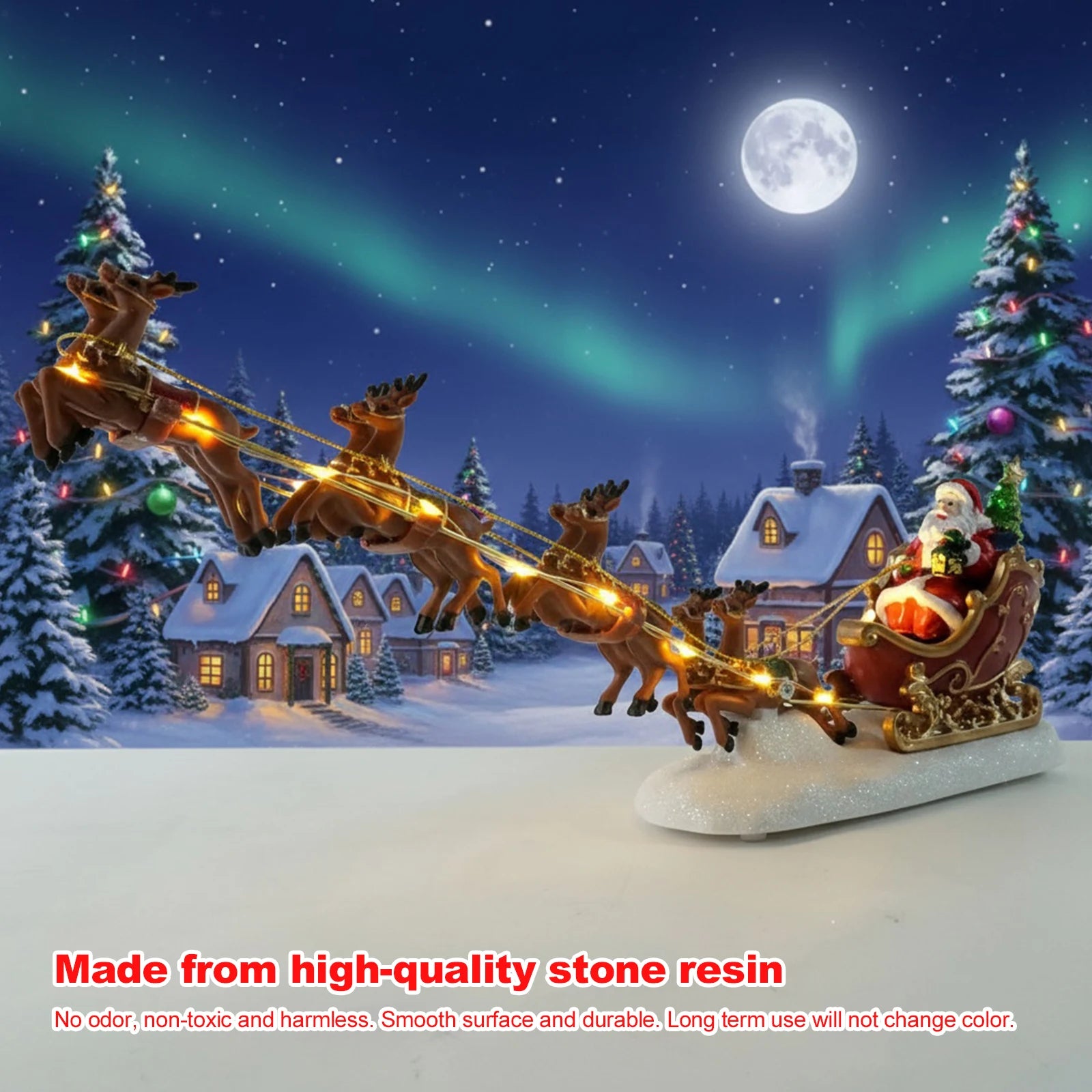 Christmas Santa Claus Sleigh and Reindeer Figurine with LED Lights Holiday Ornament Xmas Home Tabletop Decoration Gift