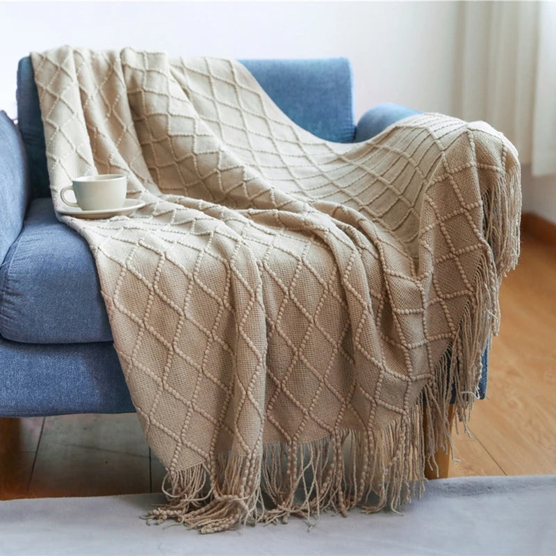Khaki Gift Knitted Blanket with Tassels Chunky Vintage Luxury Farmhouse Throw Bedspread Oversized Blanket Cover Manta Para Sofá