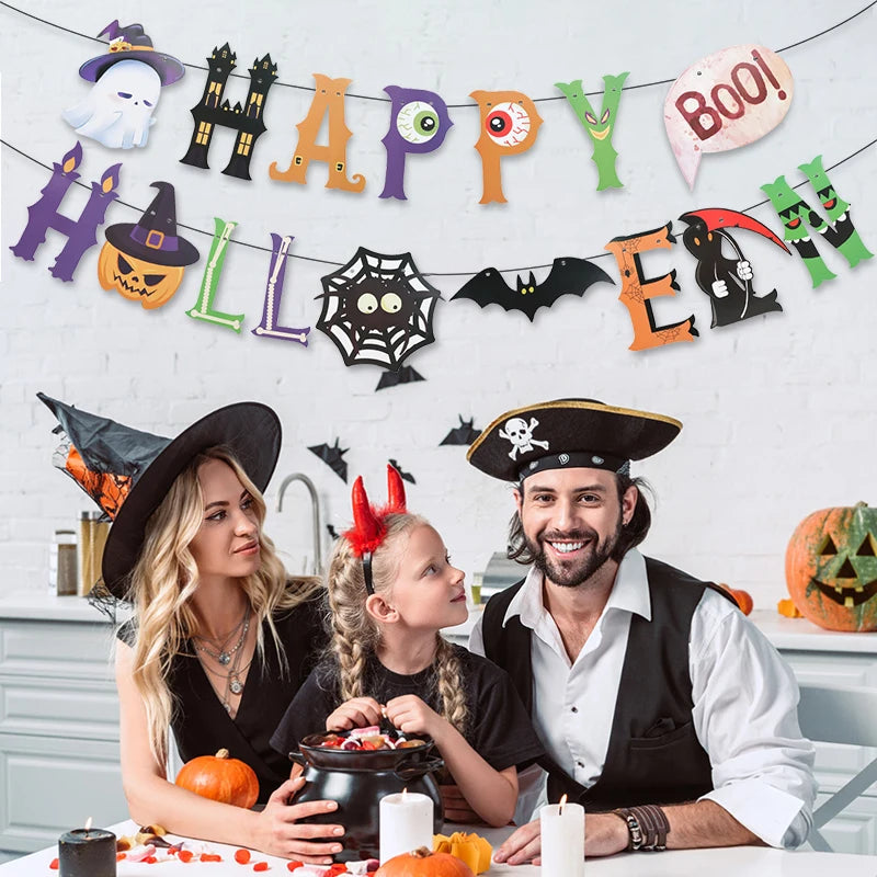 2025 Halloween Party Banner Hanging Pendants Bat Pumpkin Paper Garland Trick or Treat Happy Halloween Decoration Supplies Home