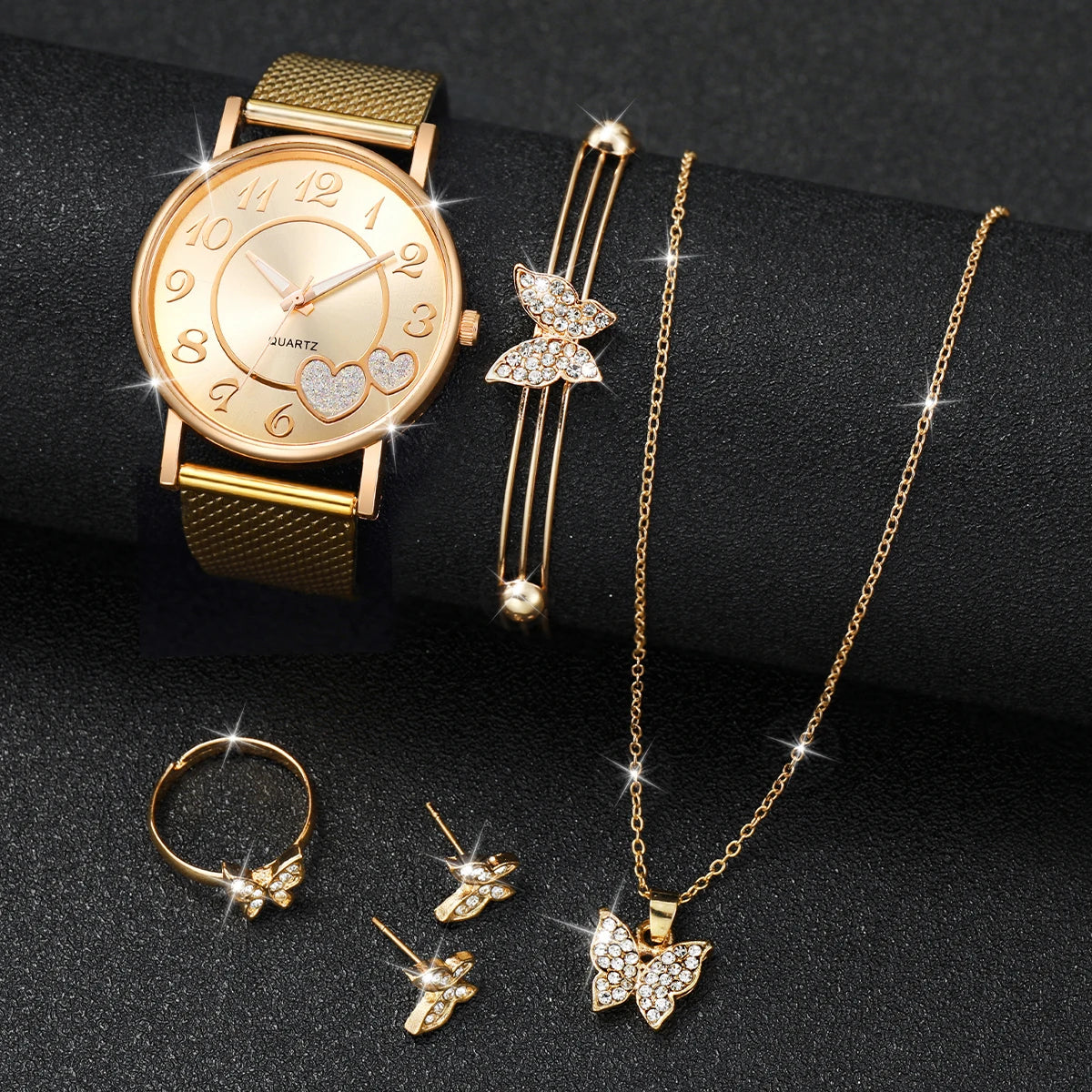 3/6PCS Fashion Heart Women's Watch Plastic Band Analog Golden Quartz Watches Butterfly Jewelry Set(Without Box)