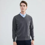 V-Neck Men's 100% Pure Wool Pullover Knitted Sweater, Business Casual Solid Color Simple Long Sleeved Fashionable Loose Warm Top