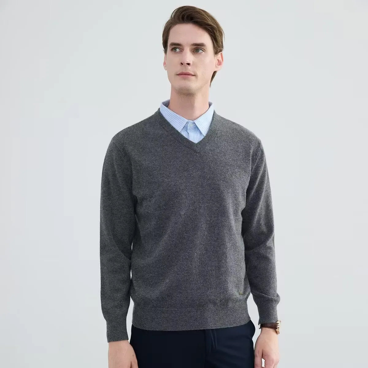 V-Neck Men's 100% Pure Wool Pullover Knitted Sweater, Business Casual Solid Color Simple Long Sleeved Fashionable Loose Warm Top