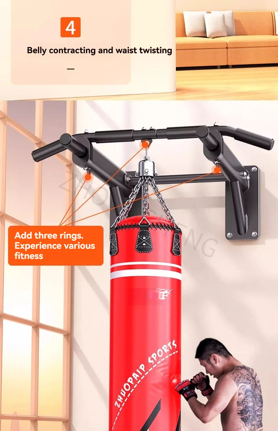 Horizontal Bar Household Indoor Wall Pull Up Device, Perforated Single Pole Lifting Ring, Home Fitness Equipment