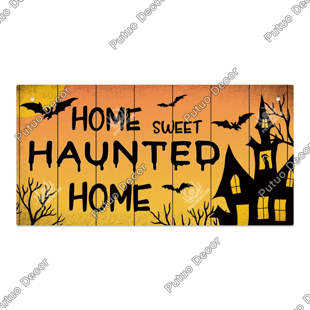 Putuo Decor Halloween Wooden Hanging Pendant Door Sign Pumpkin Ghost Bat Swith Greeting Doorplate Wood Crafts Happy Halloween Da