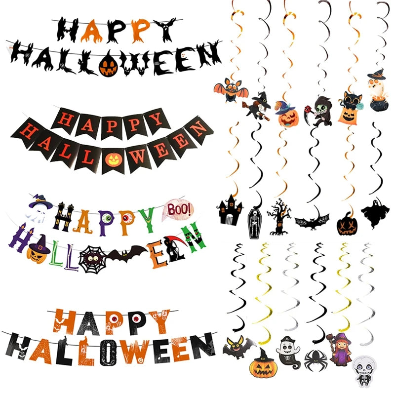 2025 Halloween Party Banner Hanging Pendants Bat Pumpkin Paper Garland Trick or Treat Happy Halloween Decoration Supplies Home