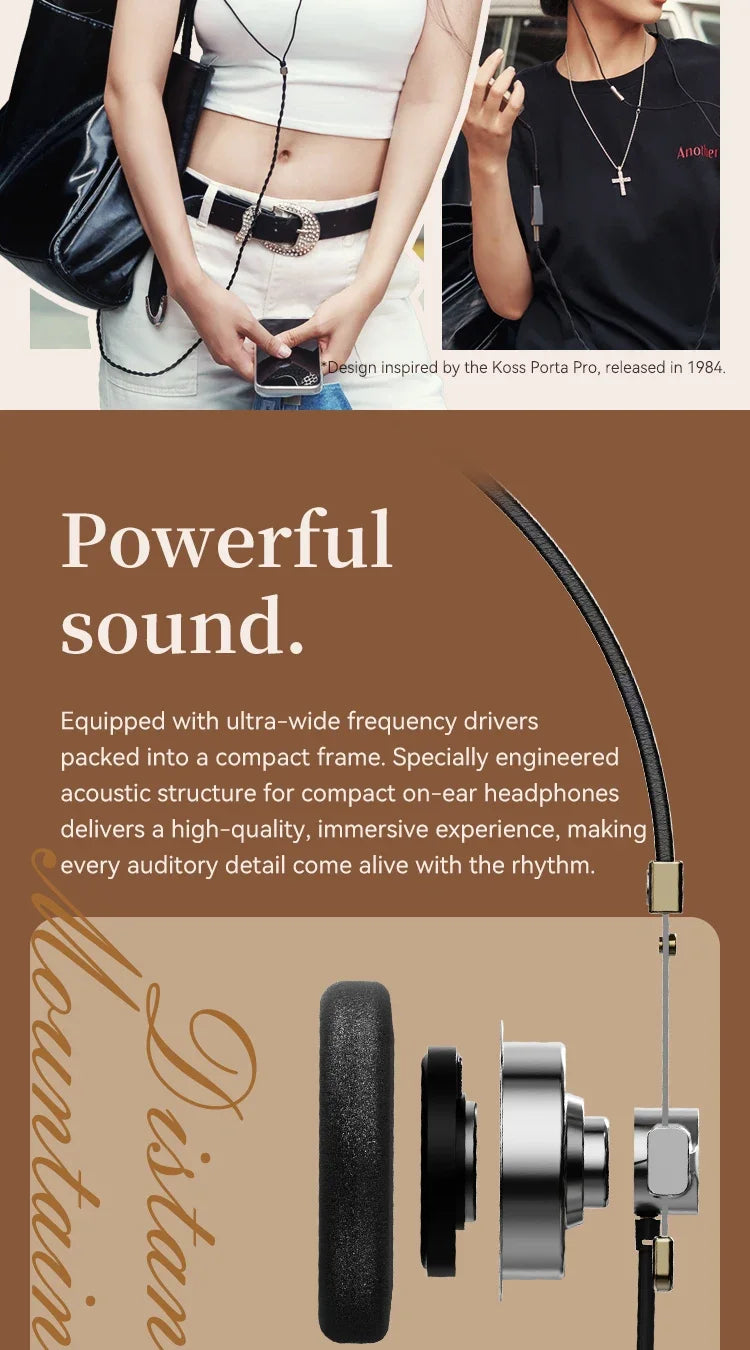 ROSESELSA Distant Mountain Retro Over Ear HiFi Headsets OOTD Vintage Metal Wired Headphones with MMCX 3.5mm Plug