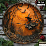 2D Flat, Halloween Wooden Wall Decor - 2D Flat Printed Round Sign with Witch, Bats & Moon Design - Classic Style Home, Kitchen,