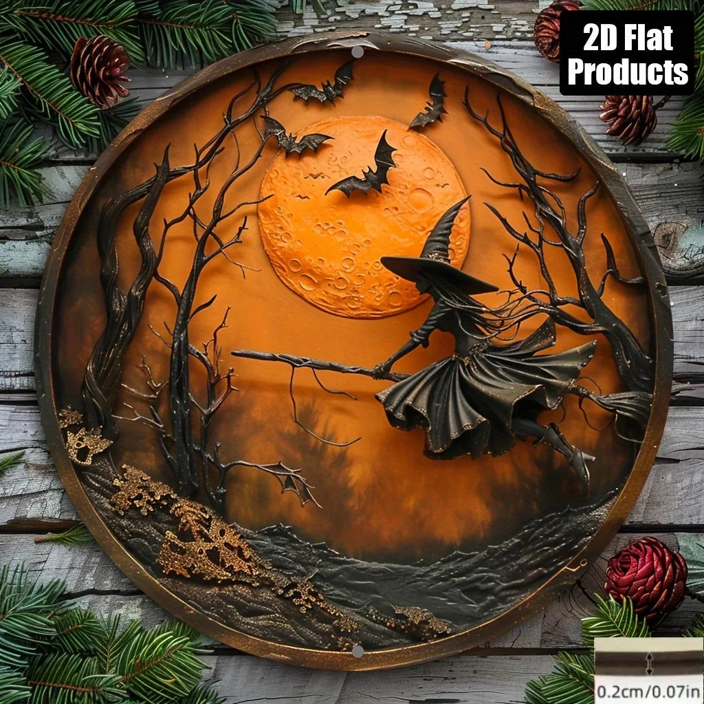 2D Flat, Halloween Wooden Wall Decor - 2D Flat Printed Round Sign with Witch, Bats & Moon Design - Classic Style Home, Kitchen,