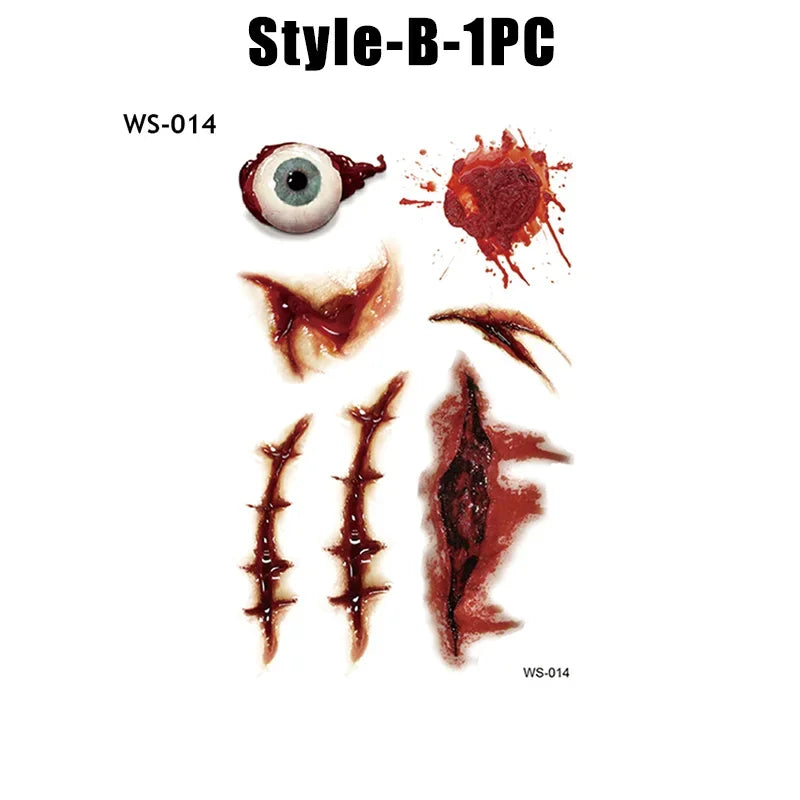 Horror Realistic Fake Bloody Wound Stitch Scar Scab Waterproof Temporary Tattoo Sticker Halloween Masquerade Prank Makeup Props