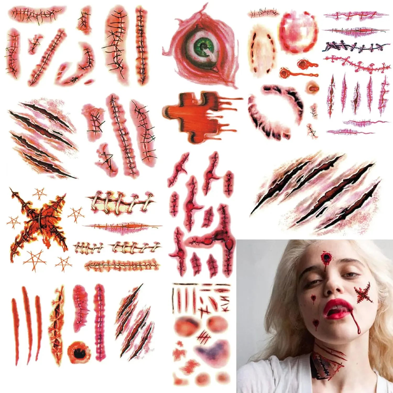 Horror Realistic Fake Bloody Wound Stitch Scar Scab Waterproof Temporary Tattoo Sticker Halloween Masquerade Prank Makeup Props