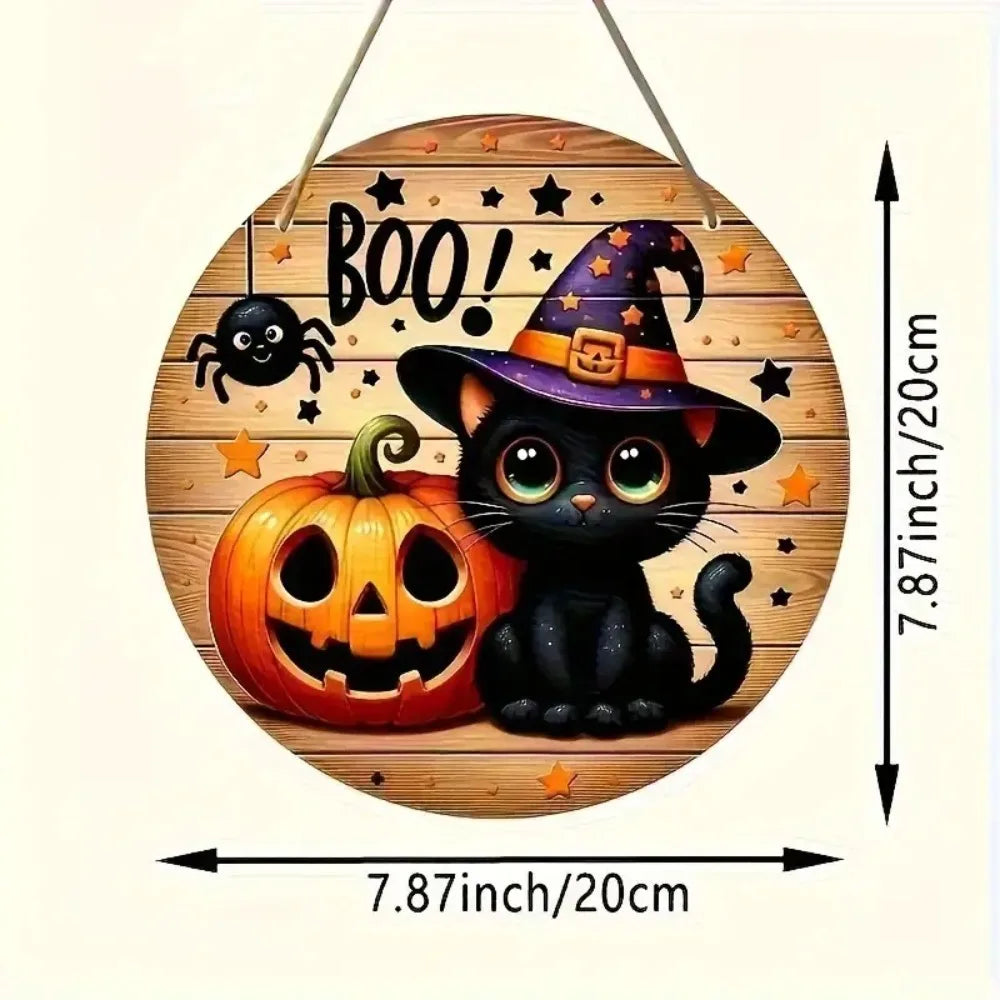2D Halloween Circular Wooden Sign - Wizard Hat Black Cat and Pumpkin Lantern Pattern, Home, Courtyard, Porch Decoration, Gifts