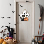 Halloween Decorative Wooden Sign with Ghost, Black Cat, Pumpkin and Bat - Perfect for Seasonal Home Decoration