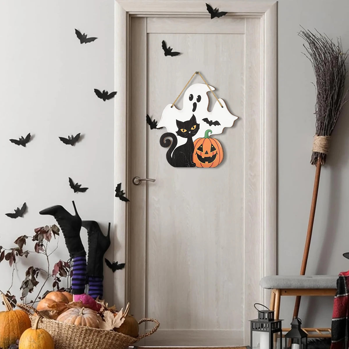 Halloween Decorative Wooden Sign with Ghost, Black Cat, Pumpkin and Bat - Perfect for Seasonal Home Decoration