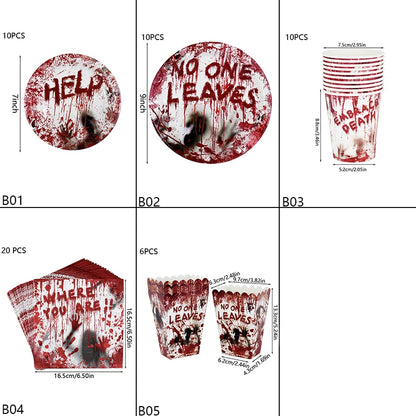 Halloween Party Disposable Tableware Scary Bloody Handprint Paper Plates Cups Popcorn Box For Halloween Horror Party Decor Props