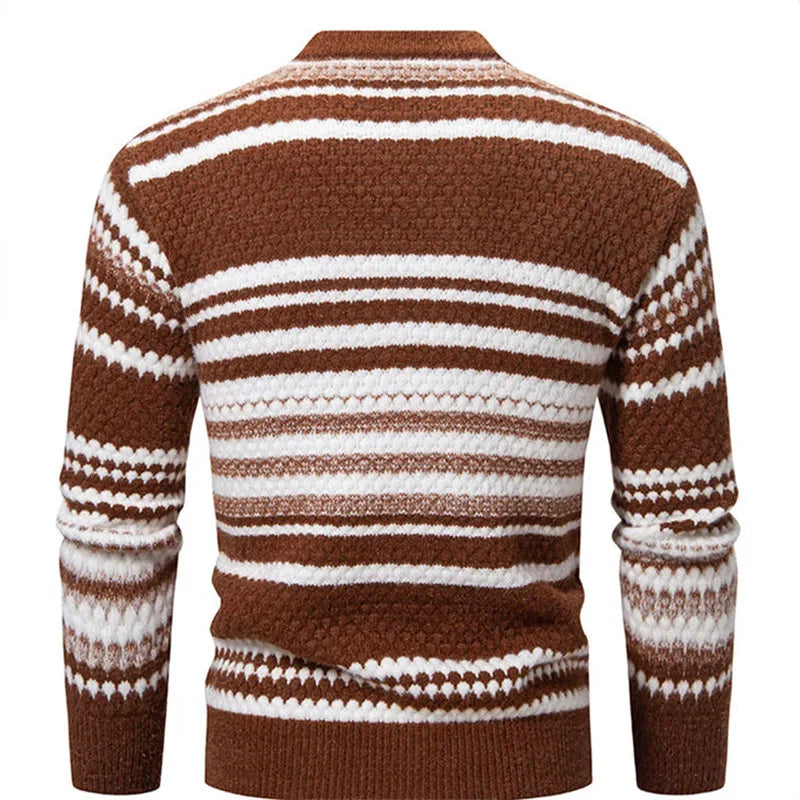 New Autumn Winter Men's Mock Neck Knit Pullovers Fashion Striped Slim Fit Knitted Sweater Men Casual Warm Pullover Knitwear Man