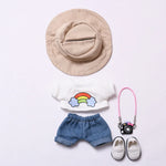 Plush Doll Clothes 17cm For Labubu Clothing Designer Rainbow White T Jeans Doll Clothes Set With Hat Glasses Toy Accessories