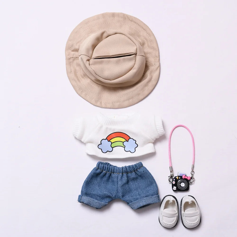Plush Doll Clothes 17cm For Labubu Clothing Designer Rainbow White T Jeans Doll Clothes Set With Hat Glasses Toy Accessories