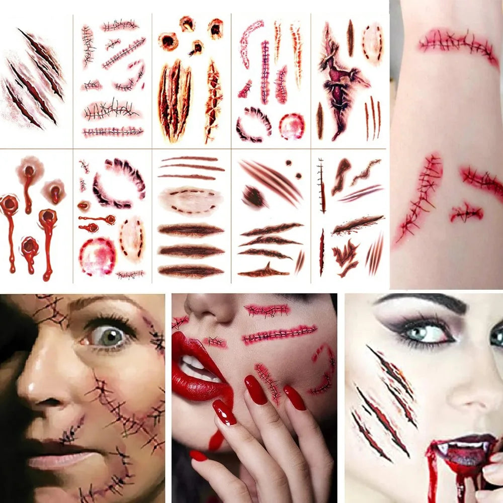 Halloween Temporary Scar Tattoos Sticker Realistic Bloody Wound Scab Body Face Decals for Makeup Masquerade Cosplay Party Prop