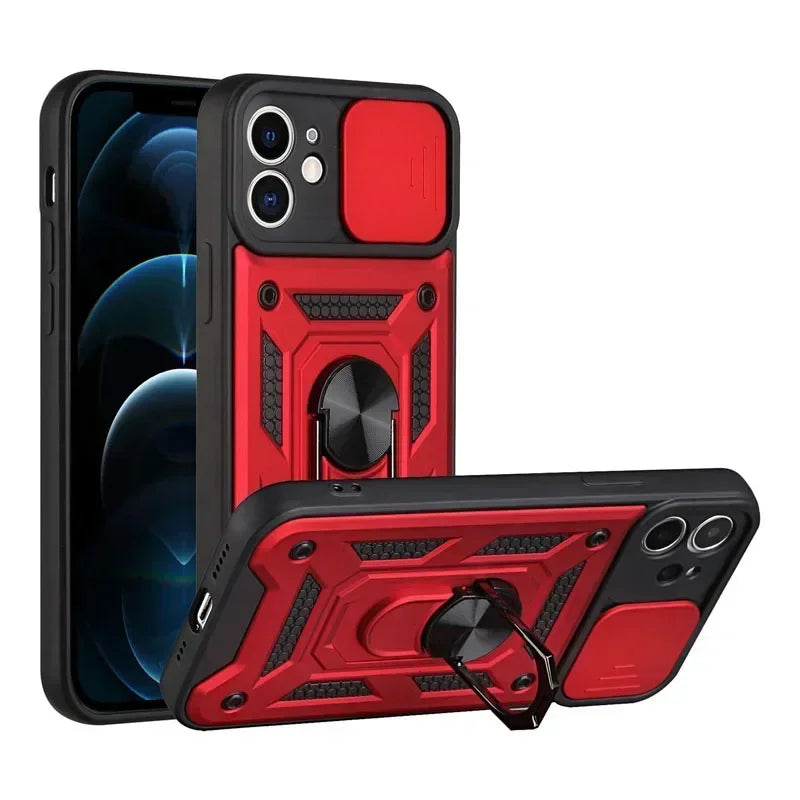 Luxury Slide Camera Lens Protection Armor Case for iPhone 17 16 15 14 Plus 13 12 Pro Max Military Grade Bumpers Metal Ring Cover
