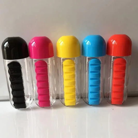 Portable Water Bottle with Built-in Pill Box for Medicines, Vitamins, Perfect for Outdoor, Gym, Fitness, Camping and Traveling