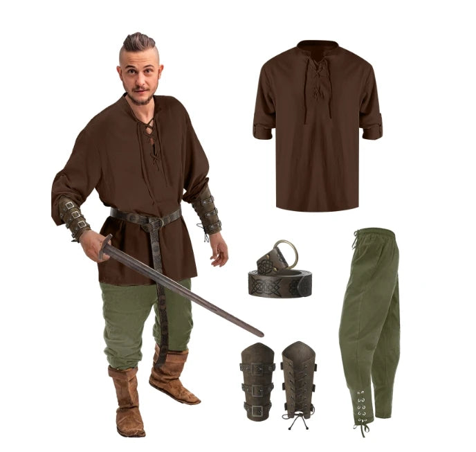 Retro Vintage Medieval Renaissance Pants Outfits Waist Belt Shirt Arm Guards Pirate Men's Cosplay Costume Halloween