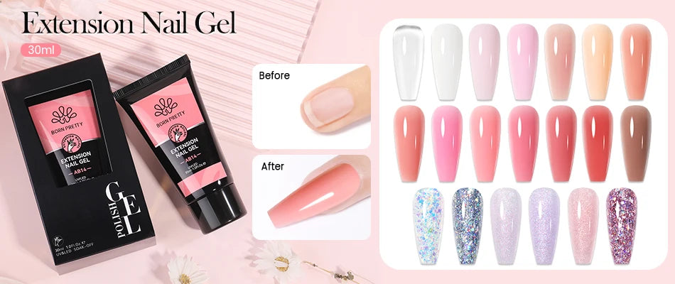 BORN PRETTY 30ml Glitter Pink Hard Jelly Nail Extension Gel Nail Polish Milky White Clear Color Soak Off UV Construction Gel