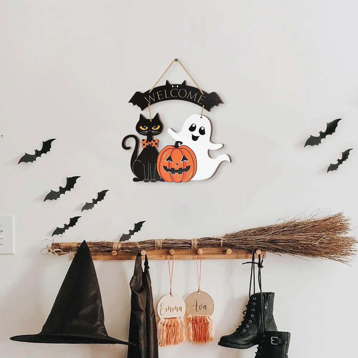 Halloween Decorative Wooden Sign with Black Cat, Pumpkin and Ghost - 