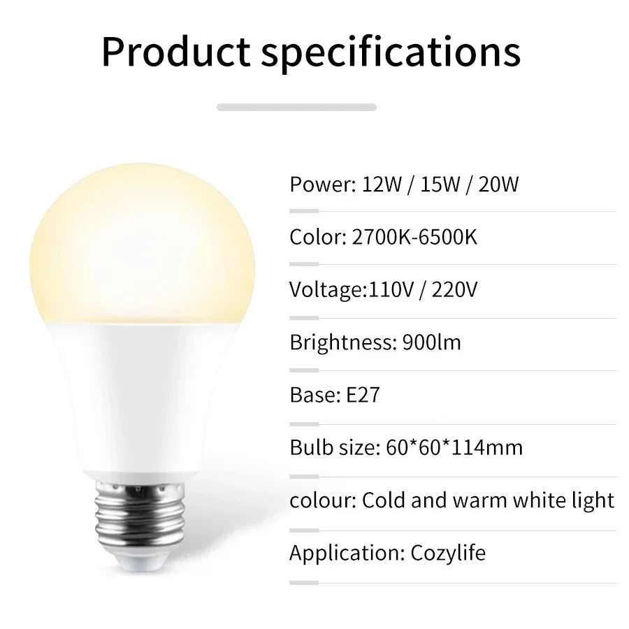 Cozylife 220V 110V WiFi Smart LED Bulb 12W 15W 20W E27 Cold & Warm Indoor Light  Alexa Google Home Together APP Timing Dimming