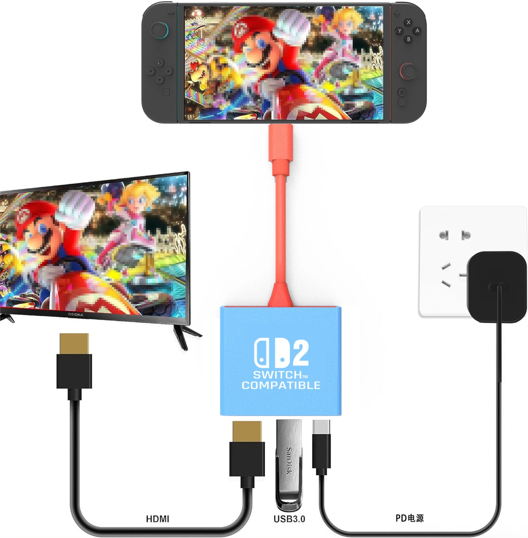 3-in-1 Portable Hub Adapter HYC-338 for Switch 2,Switch,Switch OLED with 4K,HDMI, USB 3.0 Ports.Supports 100W PD & Fast Charging