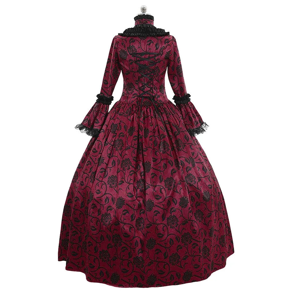 Women Vintage Exquisite Dress Gothic Retro Floral Print Ball Gowns Dress Medieval Renaissance Court Dress Halloween Costume