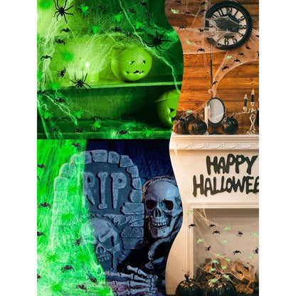 Glow-In-The-Dark Spider Web Set with Spiders, Fluorescent Expandable Spider Web for Halloween Decoration Indoor Outdoor Party