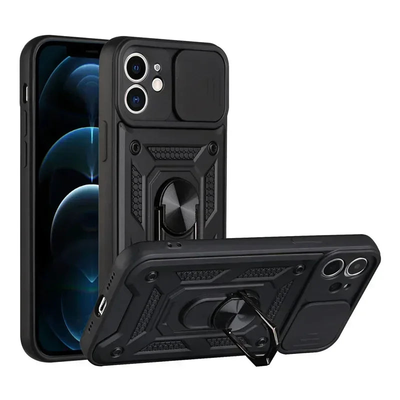 Luxury Slide Camera Lens Protection Armor Case for iPhone 17 16 15 14 Plus 13 12 Pro Max Military Grade Bumpers Metal Ring Cover