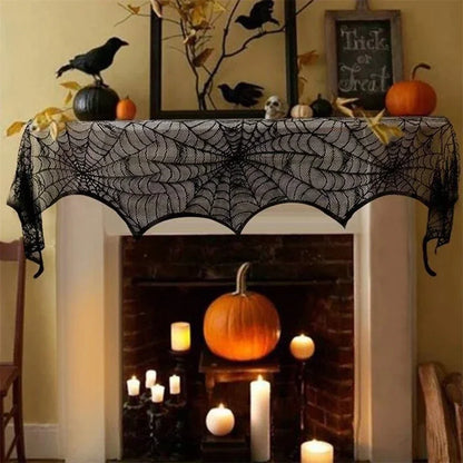 Halloween Decoration Bats Tablecloth Black Lace Spider Web Curtains for Lampshade Fireplace Halloween Party Decor Horror Props