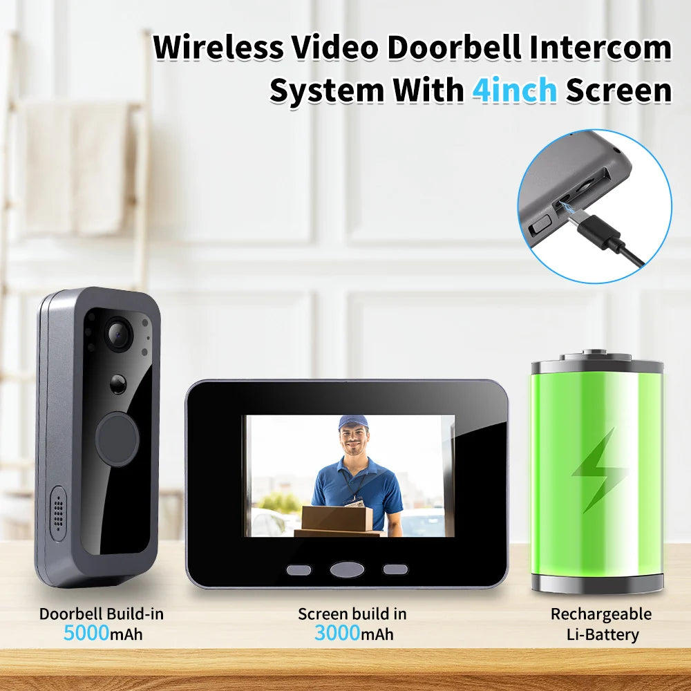 2.4Ghz Wireless Video Doorbell IP65 Outdoor Monitoring Two Way Audio Intercom Door Camera PIR Motion Detection 4' IPS Screen
