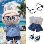 Striped shirt curled jeans set clothes For 15/17cm labubu doll outfit  Metal frame glasses For labubu doll Accessories
