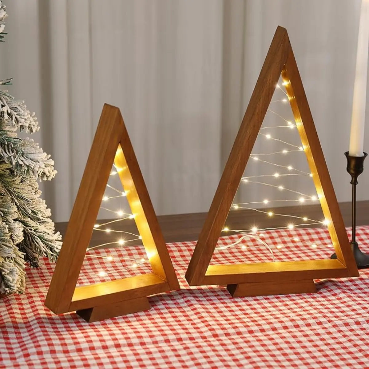 2Pcs/Set Wood Christmas Tree with Lights Modern Farmhouse Christmas Wooden Tree Centerpieces For Tables Christmas Holiday Decor