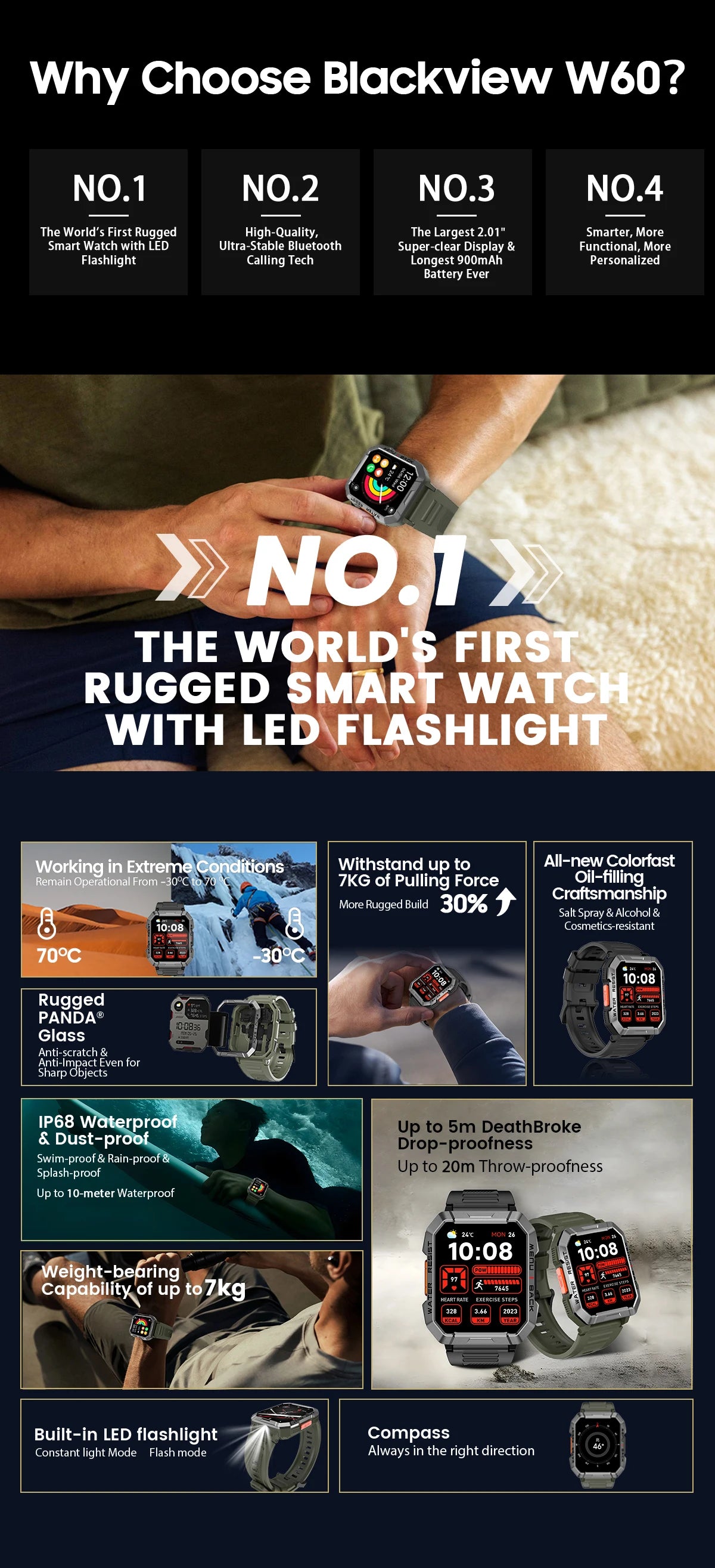 Blackview W60 2024 New Smartwatch 2.01'' HD Display TFT Rugged Smart Watch for Outdoor With Emergency Lighting Bluetooth Calling