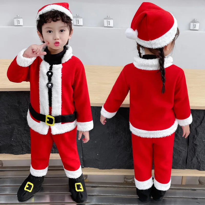 Winter Kids Warm Christmas Party Costume Coat+Pants+Hat+Shoes Covers Boys and Girls Santa Claus Role Play Outfit Xmas Clothing