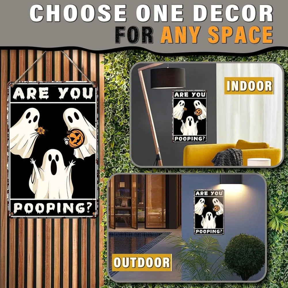 Ghost Metal Tin Sign - Retro Halloween Wall Decor, Rustic Bathroom Restroom Iron Plaque Art