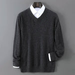 V-Neck Men's 100% Pure Wool Pullover Knitted Sweater, Business Casual Solid Color Simple Long Sleeved Fashionable Loose Warm Top