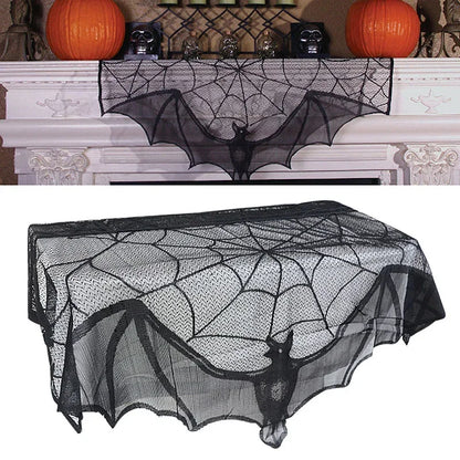 Halloween Decoration Bats Tablecloth Black Lace Spider Web Curtains for Lampshade Fireplace Halloween Party Decor Horror Props