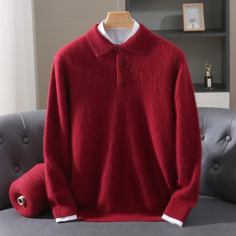 2025 Autumn And Winter New Men's Mink Wool Sweater POLO Collar Pullover Business Thick Warm Loose Oversized Knitted Sweater Tops