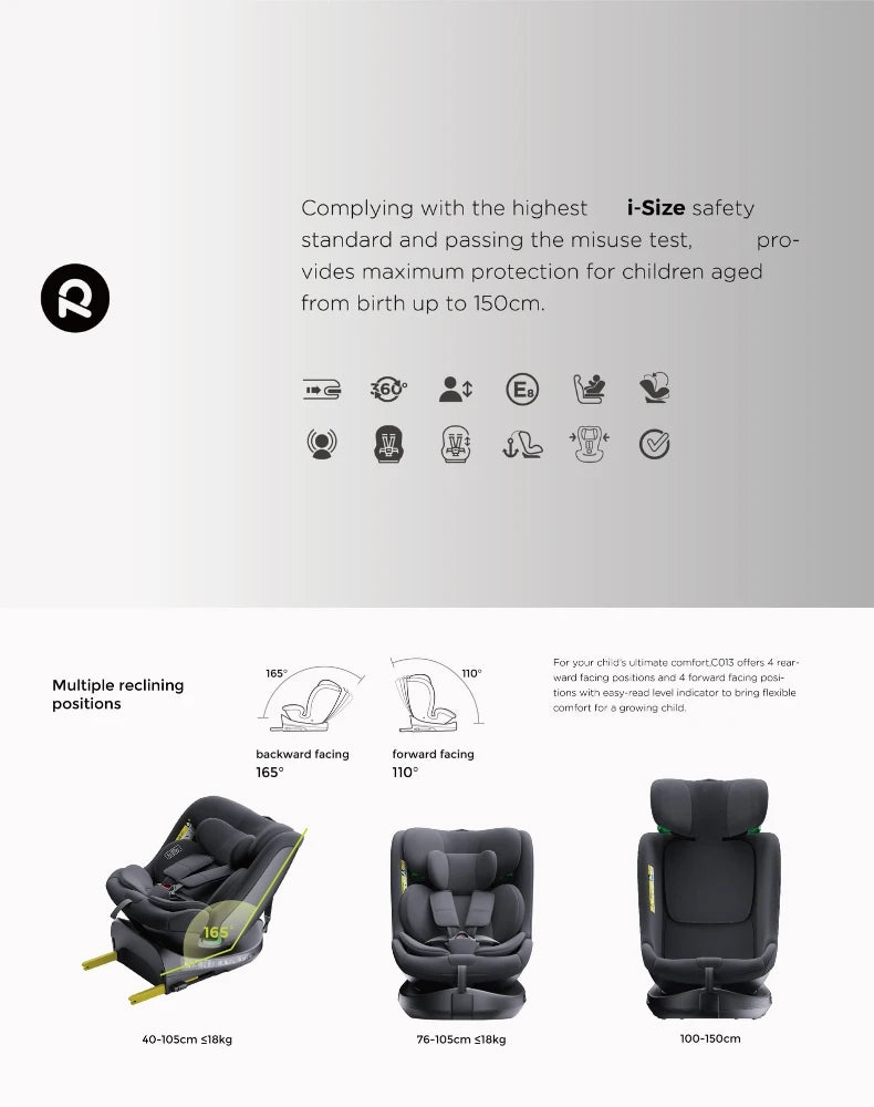 Child seat 360° ISOFIX rotating baby car seat, ECE R129/0-36 kg/0-12 years, 5-point seat belt