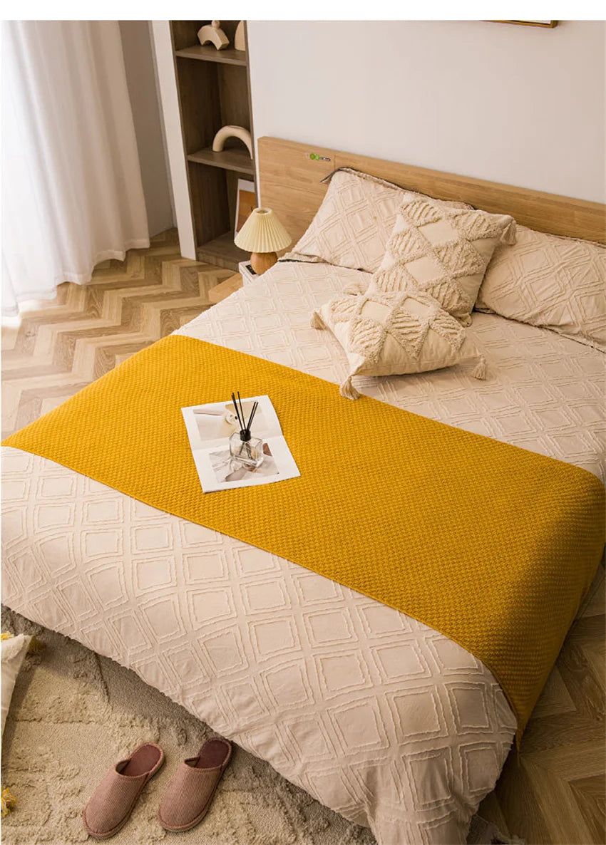 Nordic Blankets for Bed Sofa Couch Chunky Knit Bedspread Knitted Throw Blanket with Tassel Plain Color Waffle Embossed Blanket