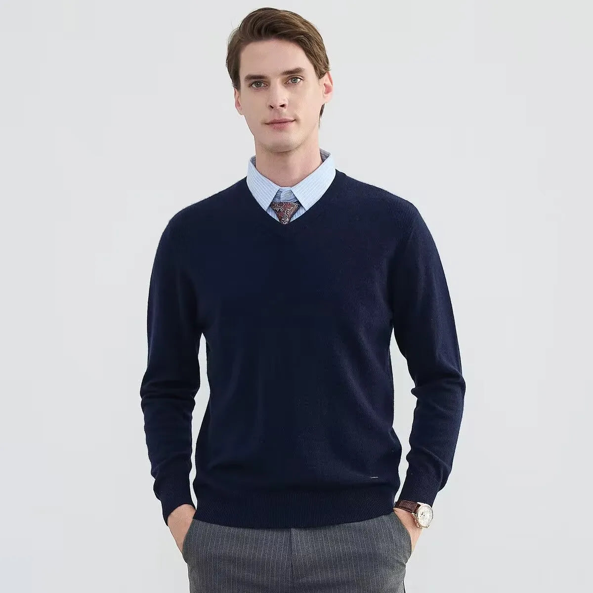 V-Neck Men's 100% Pure Wool Pullover Knitted Sweater, Business Casual Solid Color Simple Long Sleeved Fashionable Loose Warm Top