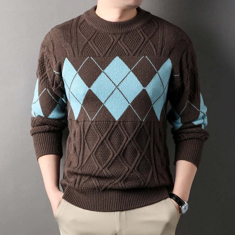 High Quality Thick Mens Sweater Fashion Argyle Mock Neck Knitted Pullovers Autumn Winter Patchwork Warm Casual Knit Sweater Men