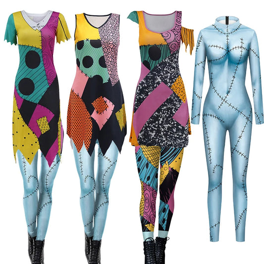 Halloween Sally Suit Cosplay Costume Anime Movie Bodysuit Spandex Jumpsuit Party Carnival Leggings Day of The Dead Zentai Set