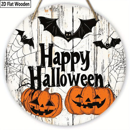 Happy Halloween Wooden Welcome Sign - 2D Flat Ghost Bat & Pumpkin Decor for Porch/Garden, No Battery Indoor/Outdoor Hanging